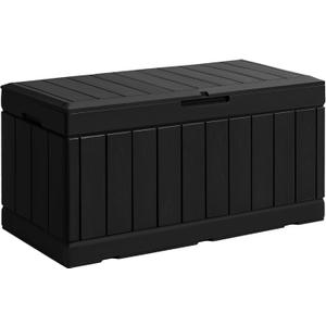 GUNJI 85 Gallon Deck Box Outdoor Waterproof Large Resin Storage Box Patio Lockable Storage Container Porch Storage Bench (Black)