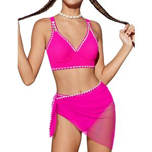 Girls Swimsuit V-Neck Shell Stitched Solid Color High Waisted 3 Piece Bathing Suit Bikini with Cover Up 9-16T (11-12 Years, Pink)
