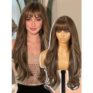 KOME Brown Blonde Highlight Wigs with Bangs,Brown Layered Wig for Women, Long Wavy Wigs Synthetic Hair Wig for Party Daily Use 26IN
