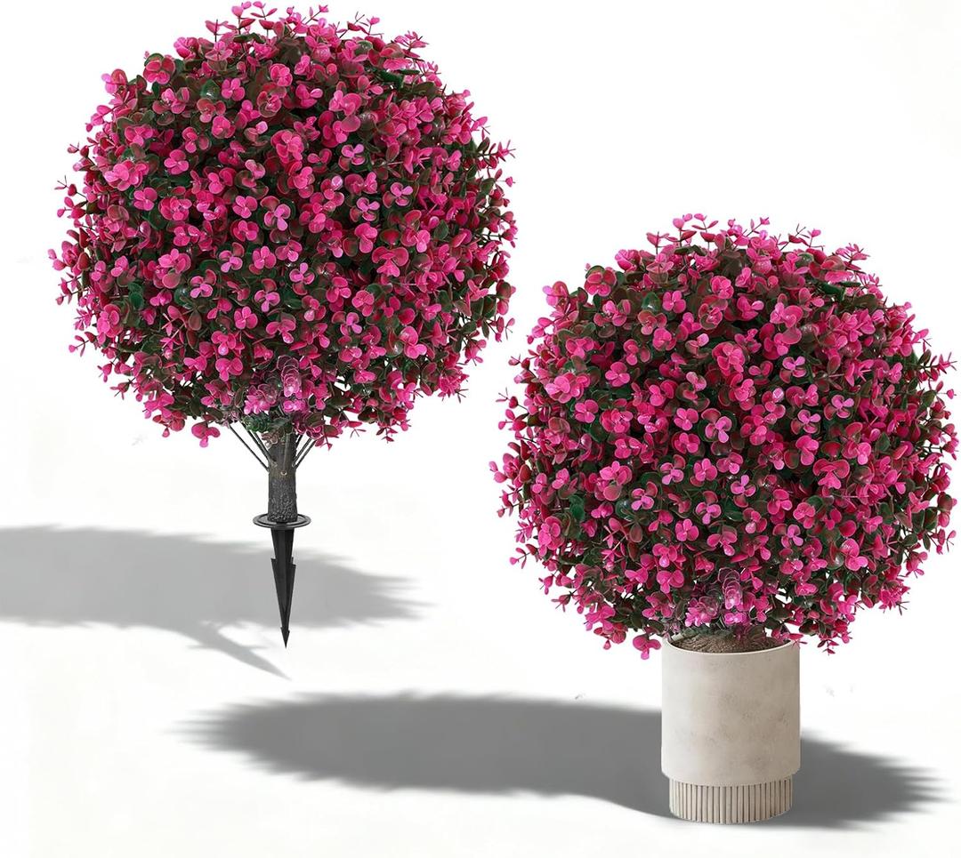 2 Pack 25" Artificial Red Eucalyptus Topiary Ball Tree for Outdoors Faux Evergreen Shrubs Plants with Ground Spike UV Resistant Fake Bushes Ball Trees for Outdoor Indoor Home Porch Patio Decoration