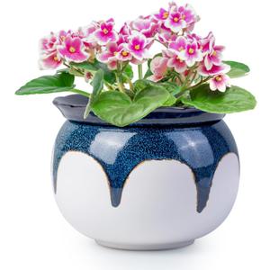 African Violet Pots, 6 Inch Self Watering Pots for Indoor Plants, Easy Plant Self Watering Planter, Ceramic Plant Pot with Absorbent Inner Pot for Flowers - Gradient Blue (No Plants)