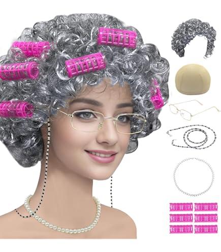 Old Lady Wig Costume Set, 8 Pcs Granny Cosplay Wig with Cane Grandmother Wig Granny Glasses Eyeglass Chain Pearl Necklace Bracelet Earrings for Halloween Christmas Costume Cosplay (Gray Curly Wig)