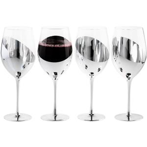 MyGift Modern Silver Long Stemmed Wine Glasses for White or Red Wine with Elegant Angled Design, Set of 4
