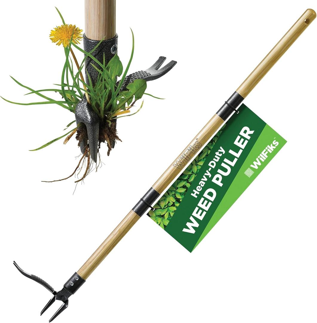 Weed Puller Tool, Stand Up Heavy Duty Weed Remover Tool, Foot Platform Design - Wooden 41 Inches Long Handle - 4 Claw Steel Head Weeder Tool, Garden Hand Weeding Tool Smoothly Remove Weeds