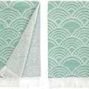 sea me at home Turkish Hand Towels for Bathroom, Kitchen Towels Decorative Set of 2, Luxury Turkish Cotton Dish Tea Towels 14 x 30 Inches for Modern, Boho, and Farmhouse Decor (Green Waves)