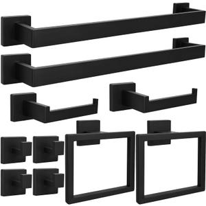 10pcs Bathroom Hardware Set, 24in Towel Bar Set, Including Square Towel Bar Square Towel Ring Toilet Paper Holder Towel Hooks, Set SUS304 Stainless Steel, Wall Mounted