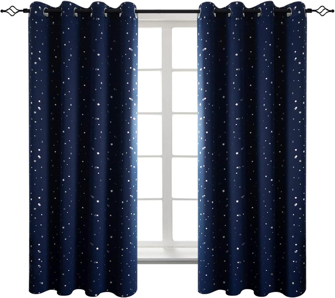 BGment Navy Star Blackout Curtains for Kid's Bedroom - Grommet Thermal Insulated Room Darkening Printed Curtains for Living Room, Set of 2 Panels (46 x 54 Inch, Dark Blue)