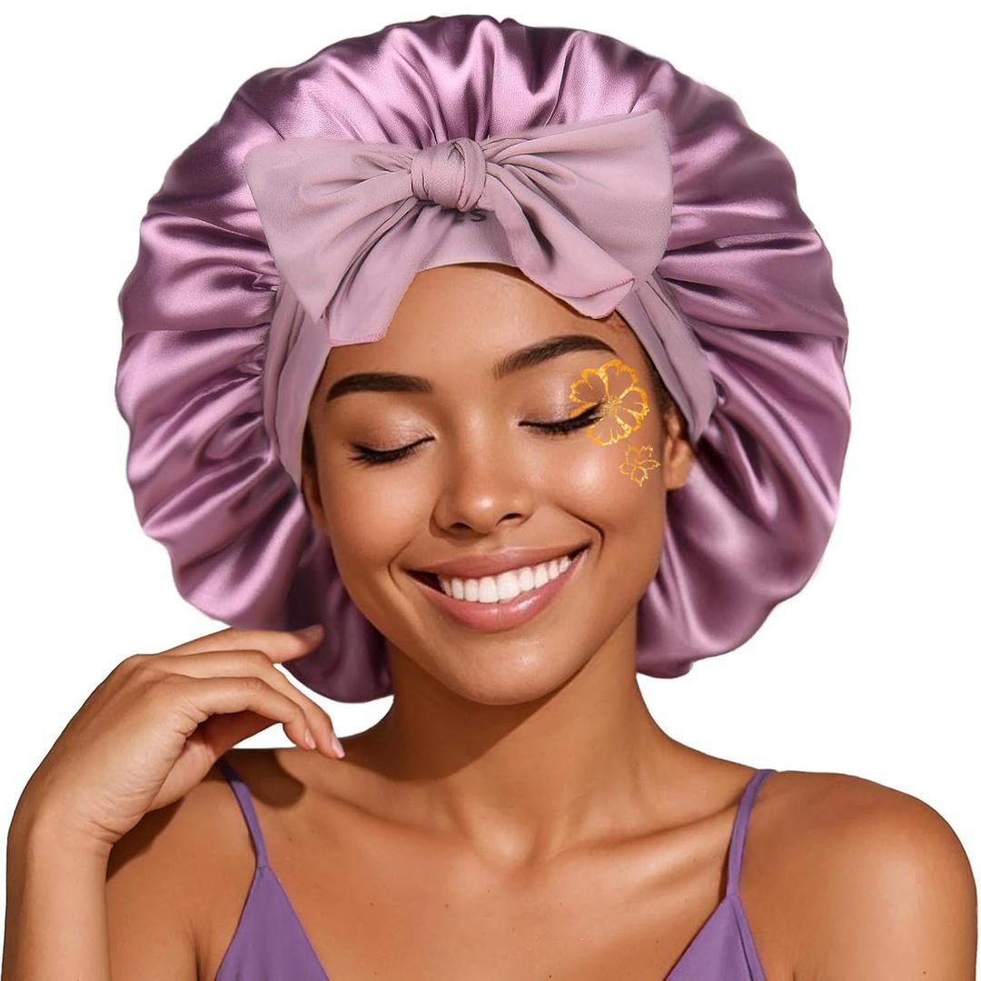 YANIBEST Silk Bonnet for Sleeping Women, Satin Hair Bonnet with Tie Band, Night Sleep Cap Wrap for All Hair Types Purple