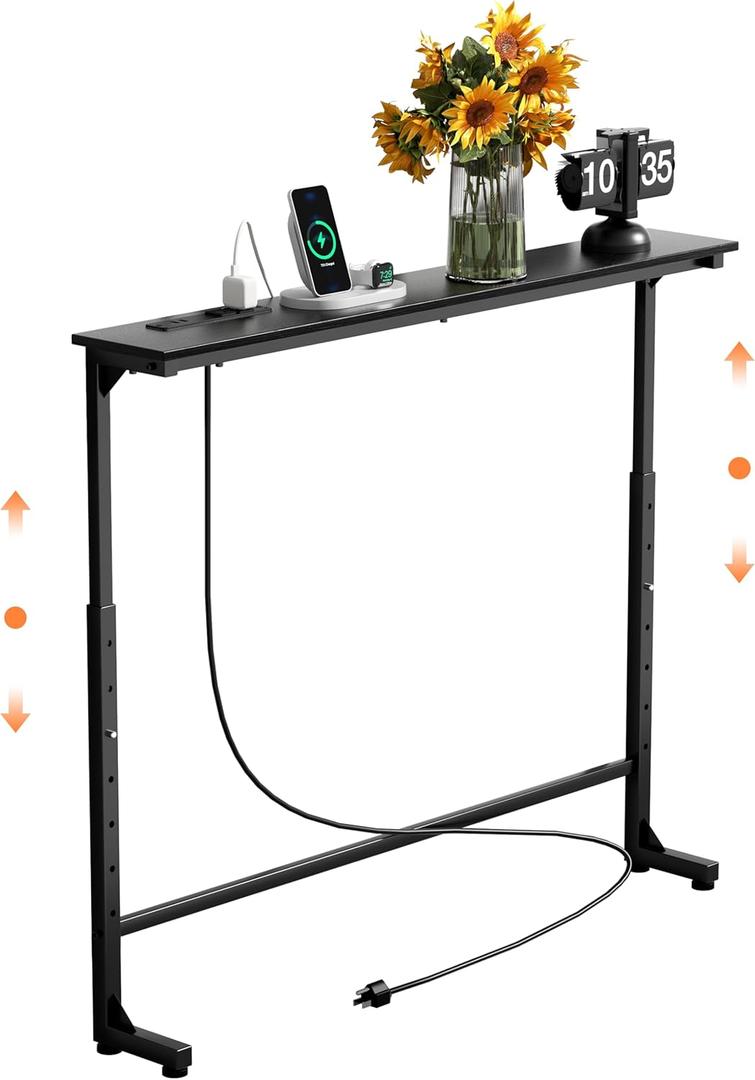 GRLEAF 45" Adjustable Height Narrow Console Table with Power Outlets, Long Sofa Table with Charging Station Behind Couch Table Skinny Entryway Table for Living Room, Hallway and Office Black