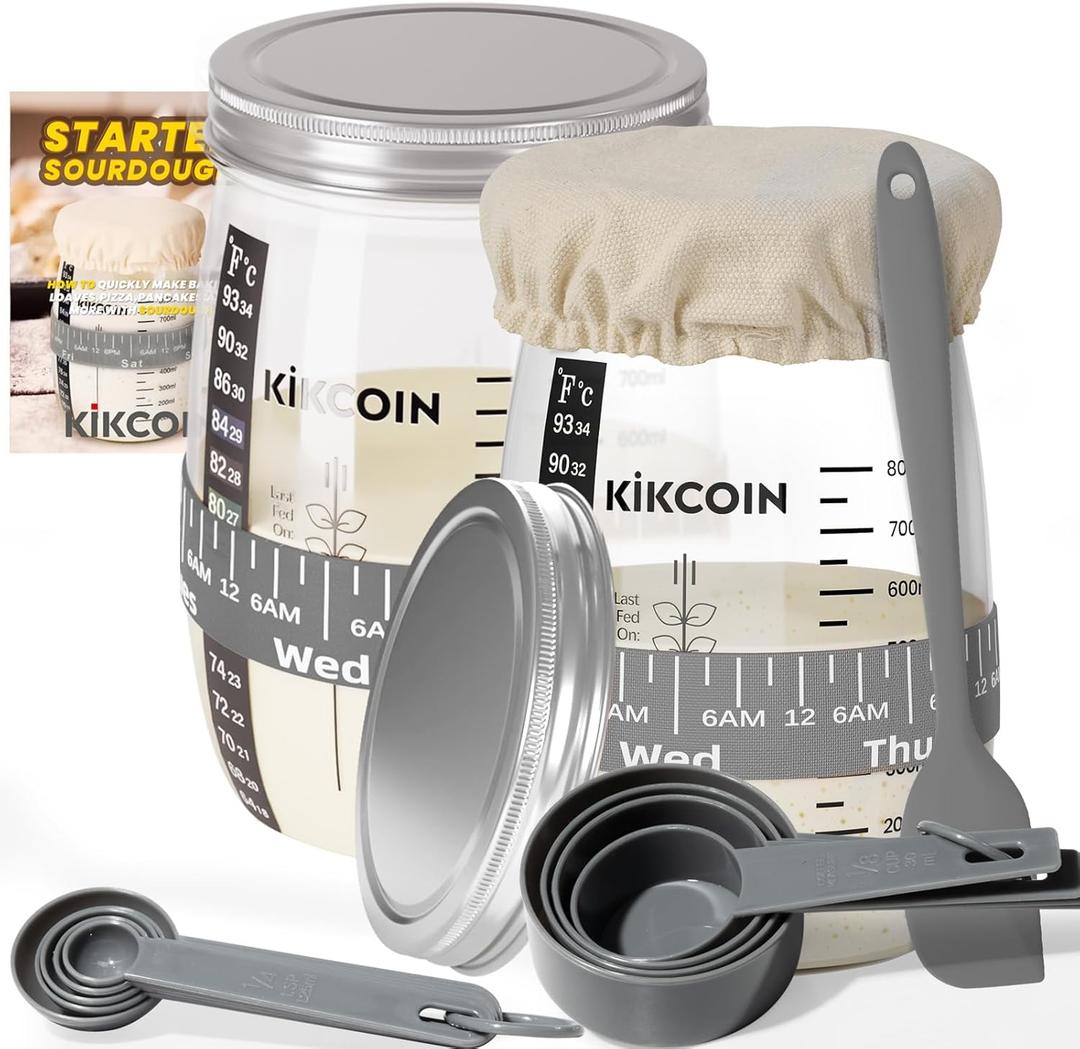 Kikcoin Sourdough Bread Starter Kit - 35oz Large Jar Set of 2 with Marked Feeding Band, Thermometer, Glass Jar for Baker, Bread Baking Supplies, Gray