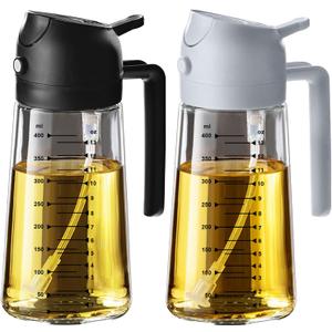 TrendPlain 16oz/470ml Glass Olive Oil Sprayer for Cooking  2 in 1 Olive Oil Dispenser Bottle for Kitchen Gadgets and Air Fryer Accessories, Salad, BBQ - Black & Ash