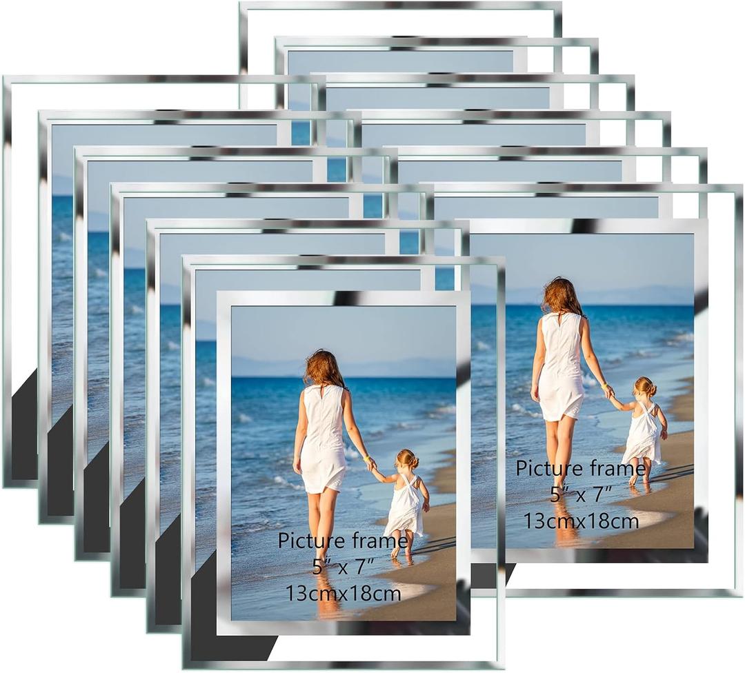 Hoikwo Bulk 5x7 Picture Frames, 12 Packs Silver Photo Frames 5 by 7, Glass Wedding Frames 5x7, Clear Mirror Wedding Photo Frames, Only for Tabletop Display Vertically or Horizontally