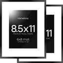 Homeforia Black Picture Frame 8.5 x 11, High End Metal 8.5x11 Poster Frames with Mat 6x8 Photo, 8.5 x 11 Frame Matted to 6 by 8 Art, 8.5by11 Wall or Tabletop Frames, Tempered Glass, Wall Kit, Set of 2