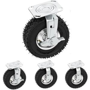 10 Inch Pneumatic Casters Wheels, Heavy Duty Rubber Casters Set of 4 with Brake, No Noise Locking Swivel Caster, 1200lbs Capacity for Workbench, Cart, Trolley and Wagon
