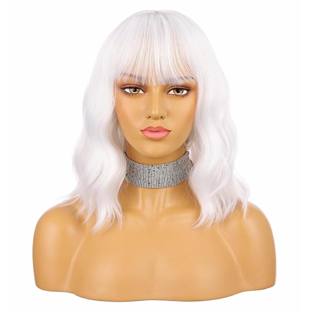 eNilecor White Wig,Short Bob Wig for Women, Curly Wavy Colored Wigs with Air Bangs, 14" Natural Looking Heat Resistant Synthetic Hiar Replacement Wigs for Party, Cosplay, Fun, Daily Wear