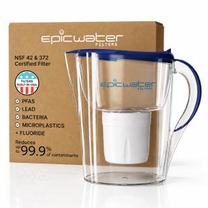 Epic Water Filters Pure Filter Pitchers for Drinking Water, 10 Cup 150 Gallon Filter, Tritan BPA Free, Reduces Fluoride, Chlorine, Lead, Forever Chemicals (Navy Blue XP)