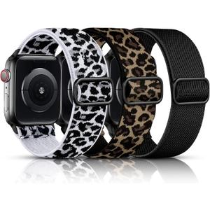 DaQin 3 Pack Stretchy Solo Loop Compatible with Apple Watch Bands for Women 42mm 41mm 40mm 38mm, Soft Nylon Braided Elastic Strap for iWatch Band Series 11 10 9 8 7 6 5 4 3 SE Ultra 3 Ultra 2 Ultra (Black/White Leopard/Leopard)