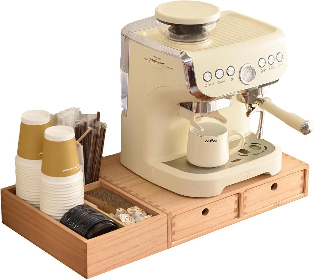 KIRIGEN Wood Coffee Station Organizer Coffee Bar Accessories Storage Tea Condiment Storage Holder with Drawers Natural (KFJTZ-NA)