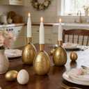 DN DECONATION Easter Candle Holders Set, 3PCS Gold Egg Candle Stick Holders Easter Decorations for Taper Candles Sticks, Resin & Metal Candlestick Holder Farmhouse Table Mantel Vintage Egg Decor