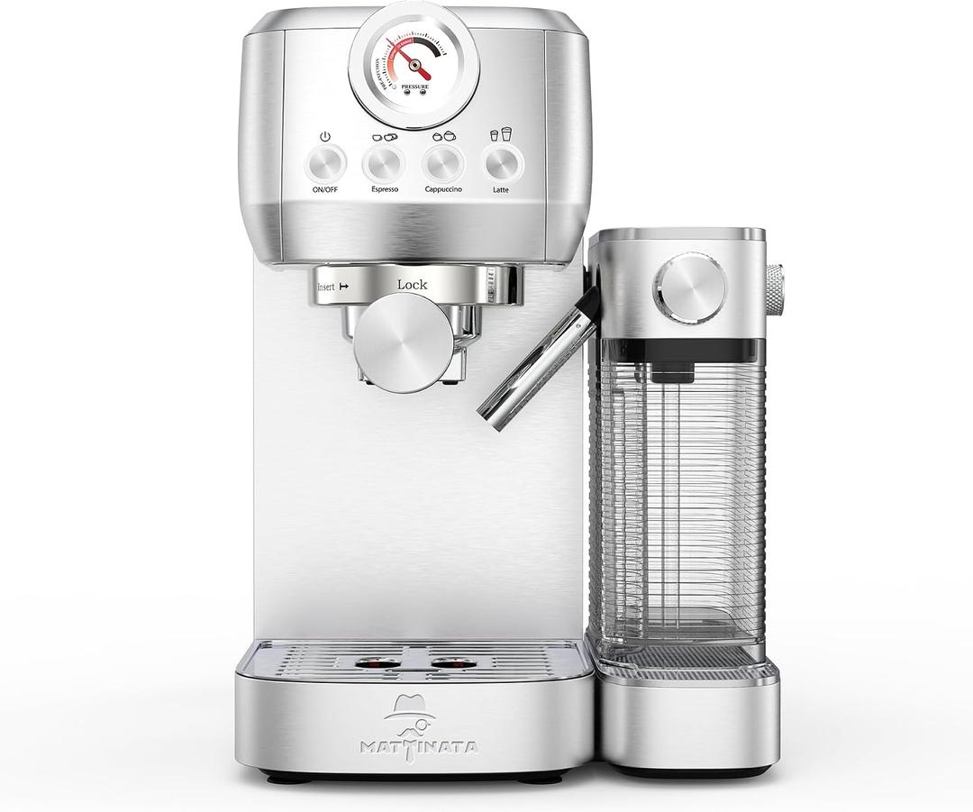 MAttinata CM1633 Cappuccino Machine 20 Bar, Professional Espresso Machines with Automatic Milk Frothering, Barista Compact Latte Maker for Home, with Pressure Gauge for Coffee Lovers, Stainless Steel
