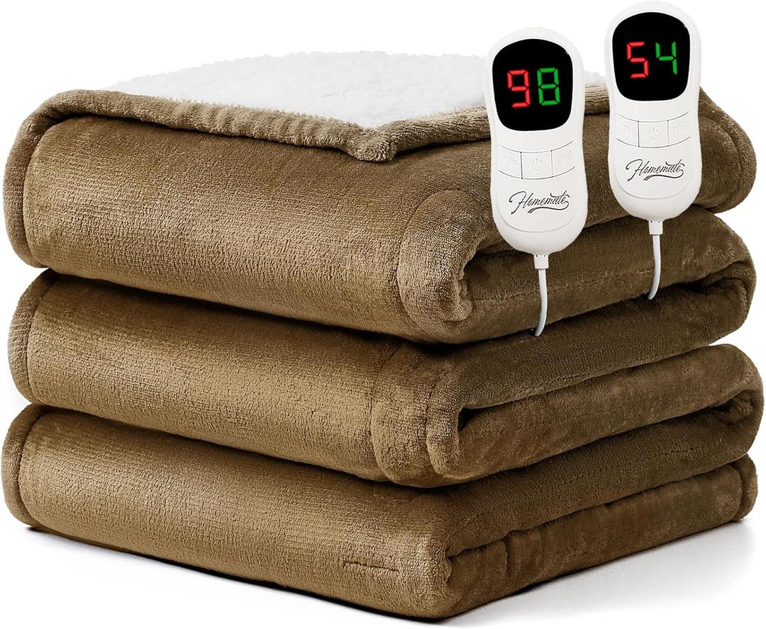 Homemate Electric Heated Blanket Queen Size - 84"x90" Heating Blanket Queen Size Dual Control 1/2/4/6/8 Hours Auto-Off 10 Heat Level Over-Heat Protection Flannel Sherpa ETL Certification