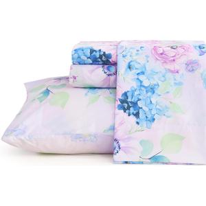 JSD Purple Hydrangea Floral Sheet Set Queen Size, 4 Piece Printed Microfiber Bed Sheets Deep Pocket