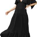 Kikibell Women Summer Dresses Sexy V-Neck Maxi Dress Tiered Silhouette with Flutter Sleeve Backless Elastic Waist Flowy Dress (Large, Black)