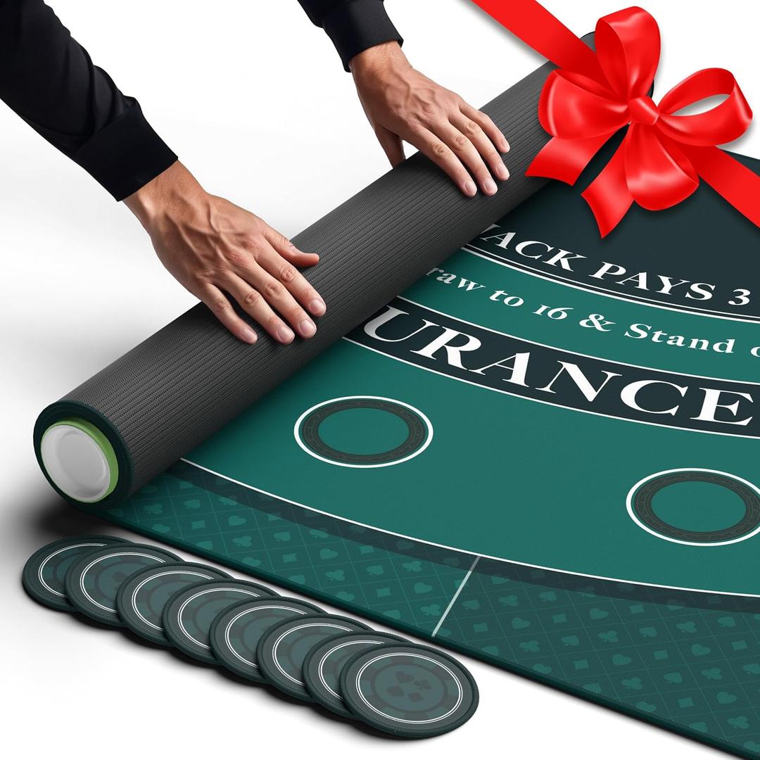 Newverest Blackjack Mat 70" x 35", Blackjack Table Top for Home Game Nights with Friends | Black Jack Casino Table Topper, Poker Mat Layout in Zipper Storage Bag with 8 Coasters in Gift-Ready Box (Traditional Green)
