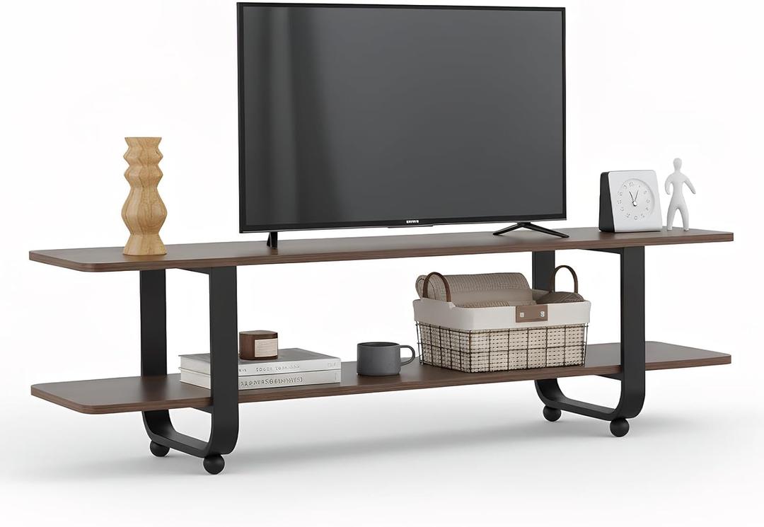 Tiita Bamboo TV Stand with Storage for TV up to 65 inch, Bamboo Rattan TV Console Entertainment Center with 2 Open Shelf, Mid Century Modern Media Console for Living Room, Bedroom (Grey)