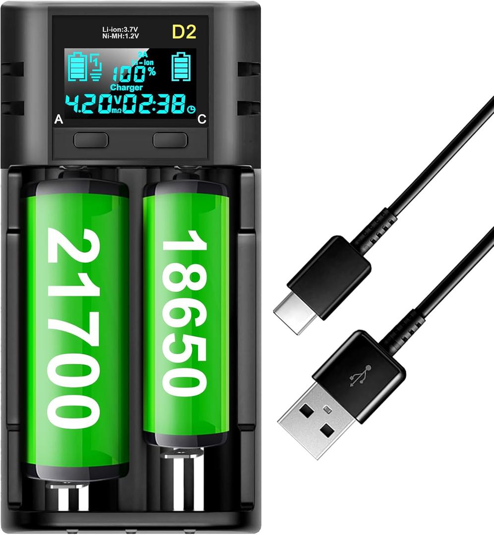 18650 Battery Charger,LCD Display Charger for 3.7V Li-ion Battery 18650,26650,21700,18500,18350,16650 1.2V LiFePO4 Ni-MH Ni-Cd A AA AAA Rechargeable Batteries(Battery not Included)
