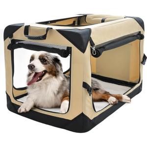 Pettycare 36 Inch Collapsible Dog Crate for Large Dogs, 4-Door Foldable Soft Dog Kennel with Chew Proof Mesh Windows, Indoor & Outdoor Travel Dog Crate, Beige
