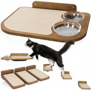 INICIO Cat Shelves  Dog Proof Feeding Station with Wall Mounted Shelves, Durable 3 Step Birch Floating Shelf for Cats Up to 15lbs, Includes Attached Cat Food Bowl for Convenient Feeding  Brown