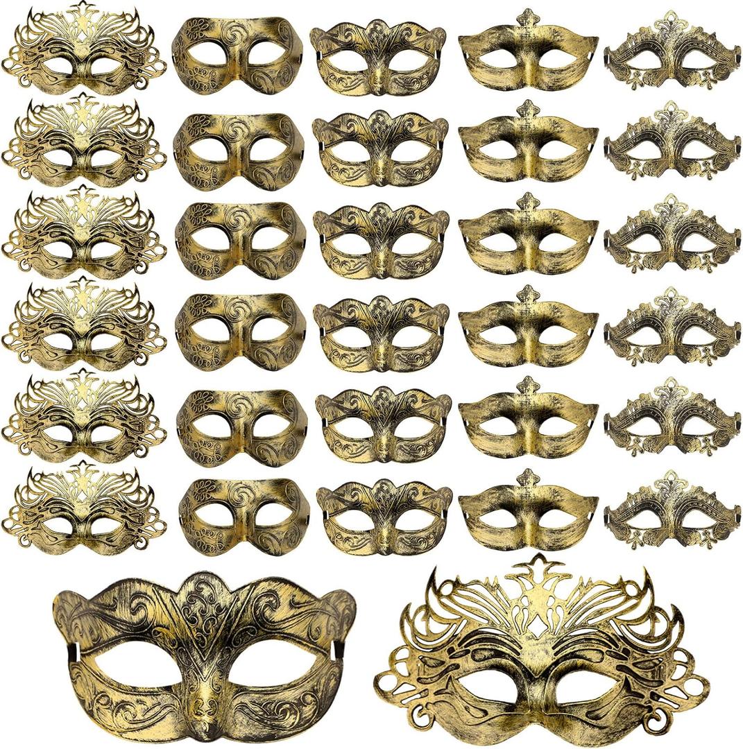 Yunsailing 30 Pcs Masquerade Masks Bulk for Women Men Venetian Antique Masks with Adjustable Straps for Mardi Gras Prom Party (Gold)