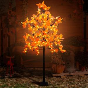 6FT Prelit Fall Maple Tree Decor, 128 LEDs with 8 Acorns 8 Pine Cones & Timer 8 Flashing Modes Artificial Maple Tree Thanksgiving Decor for Fall Home Autumn Halloween Harvest Indoor Outdoor (Orange)
