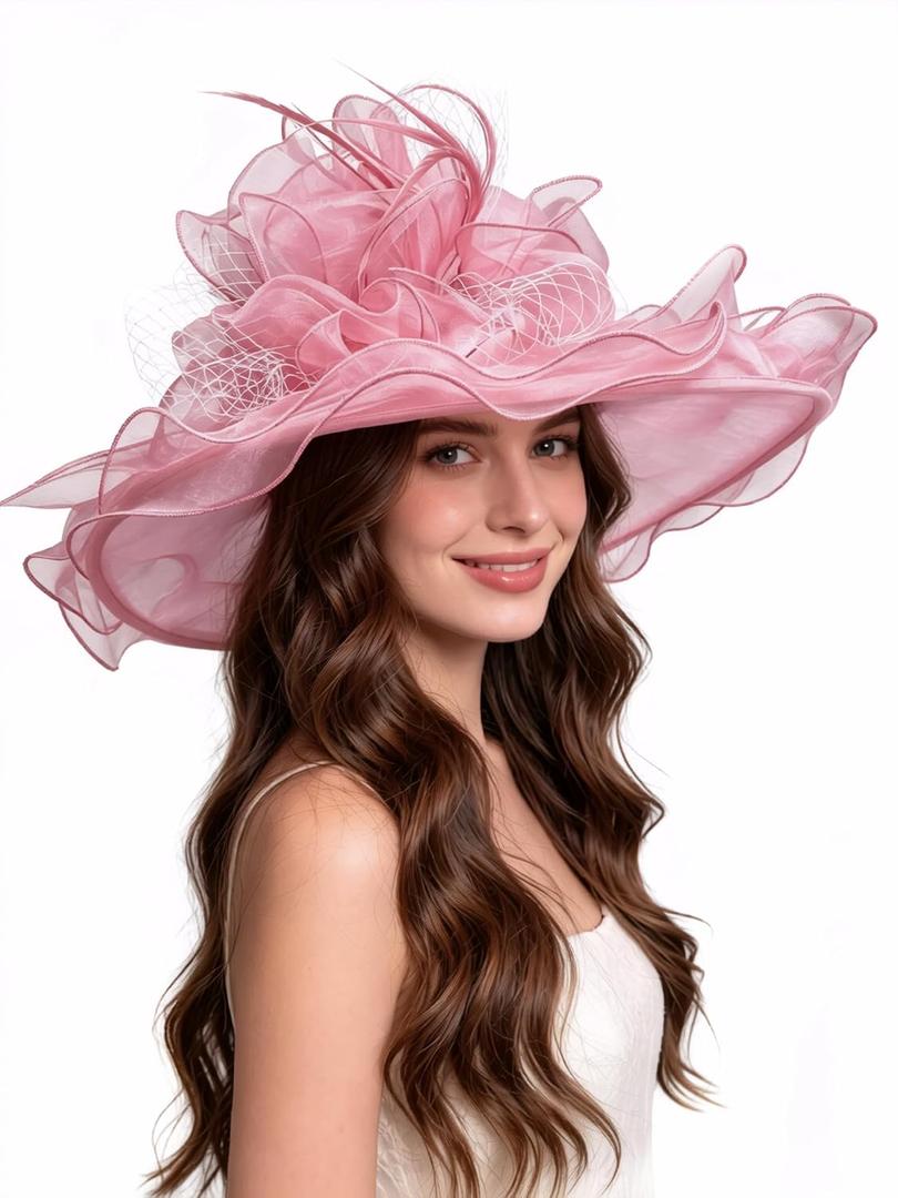 SAFERIN Women's Organza Church Kentucky Derby Fascinator Bridal Tea Party Wedding Hat (Pink)
