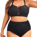 Daci Women Plus Size Two Piece Swimsuit - High Waisted Bikini Tummy Control Bathing Suit Bandeau Swimwear (X-Large, Black)
