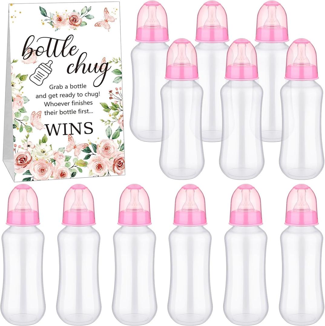 TrelaCo Cool Baby Shower Games Sets 12 Pcs Bottles with 1 Bottle Chug Sign for Gender Reveal Baby Shower Party Favors Decoration Games(Floral,Pink)