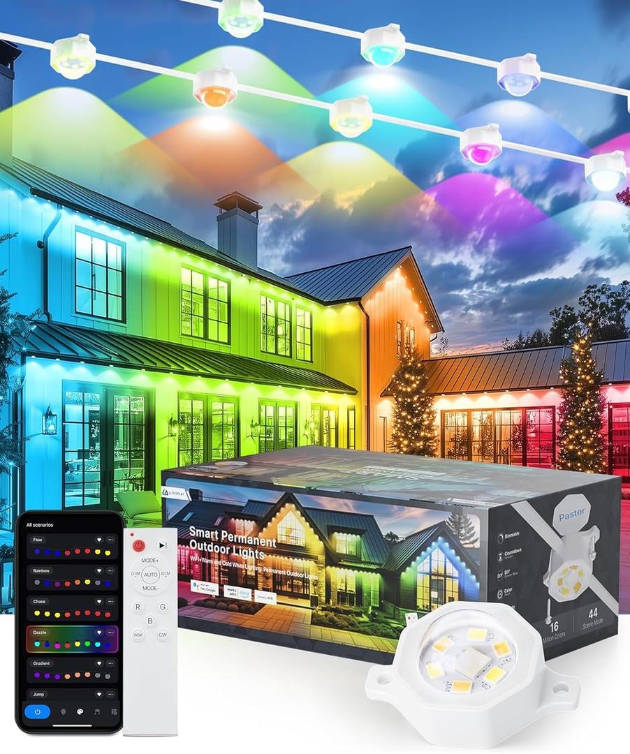 100ft 80led Permanent Outdoor Lights, Outdoor Permanent Lights for House, RGB+IC Color Changing for Year-Round Decor (Halloween/Christmas), IP67 Waterproof & App/Remote Control