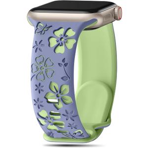 Floral Engraved Band Compatible with Apple Watch Band Women 40mm 38mm 41mm 42mm 44mm 45mm 46mm 49mm, Soft Silicone Two-Tone Flower Sport Strap for iWatch Series 10 9 8 7 6 5 4 3 2 1 SE Ultra (Cyan Blue/Lime)