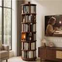 Solid Wood Rotating Round Bookshelf Towers with Wheels, Revolving Bookcase 6 Tier 360° Wooden Rotating Book Tower, Narrow Rolling Vertical Display Storage Rack (Walnut, 6 Tier, 78.1" H)