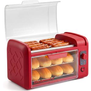 Elite Gourmet 8 Hot Dog Roller & Toaster Oven | 5 Stainless Steel Rollers, 30-Min Timer, Auto Shut-Off, 2 Warming Racks, Bun Warmer, Drip Pan | Cooks Brats, Sausages, Taquitos | Red, 8 Bun Capacity