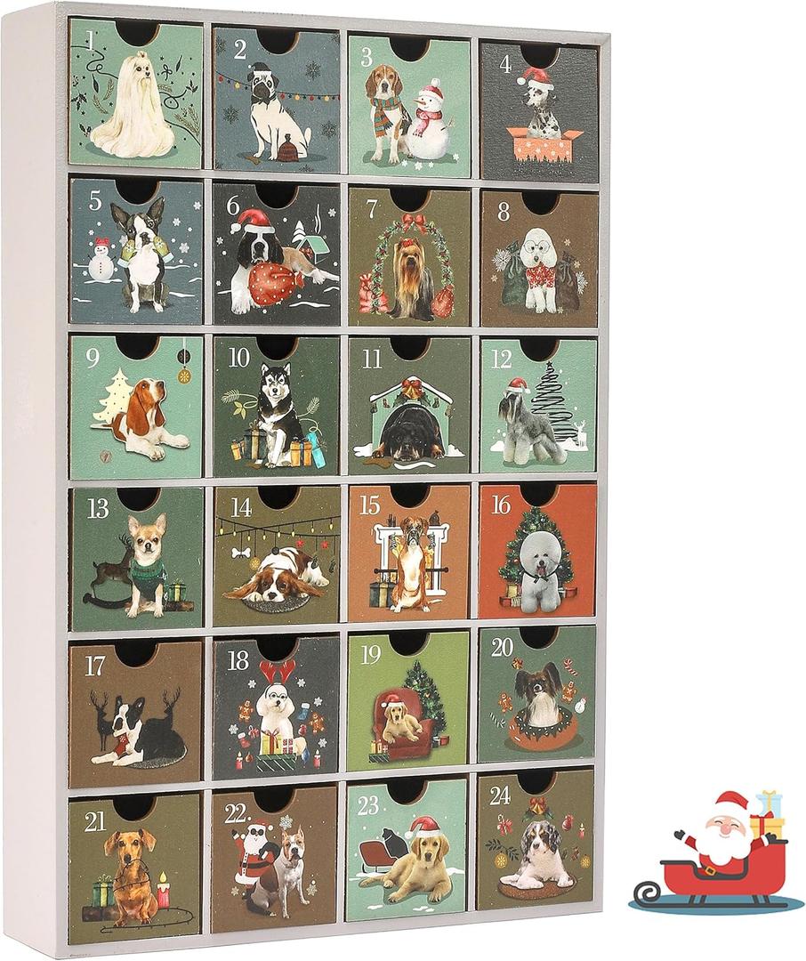 SUNGIFT Wooden Advent Calendar, Dog Wood Reusable Advent Calendar with 24 Drawers, 13 Inch Countdown to Christmas Empty Refillable Advent calendar to Fill 2025