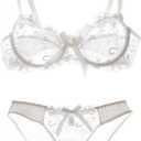 Nanier Women's Thin Transparent Lace Bra Set (34B, White)