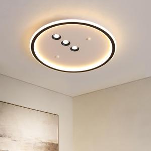 Shine LUEST Modern Round LED Flush Mount Ceiling Light with Black Finish & 3 Adjustable Spotlights, Dimmable Soft Glow Ceiling Lighting for Living Room Bedroom Hallway