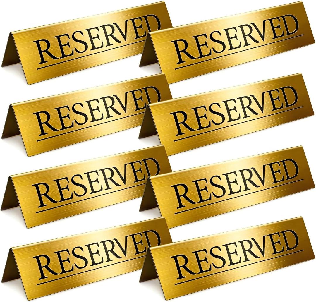 Gold Metal Tabletop Reserved Table Signs, Suitable for Weddings, Restaurants, Cafes, Birthday Parties, And Various Events, Double-Sided Tent Style1 Set (Each Set Contains 8 Pieces), 5.9x1.57x1.18Inches