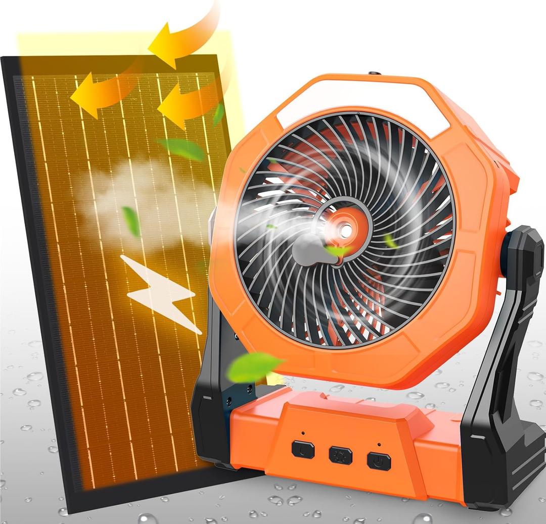 10W Solar Fan with Mister, Misting Camping Fan with Solar Panel, Portable Outdoor Fans, 8 Inch Battery Operated Rechargeable Cooling Fans with Water Spray for Travel/ Beach/ Chicken Coop