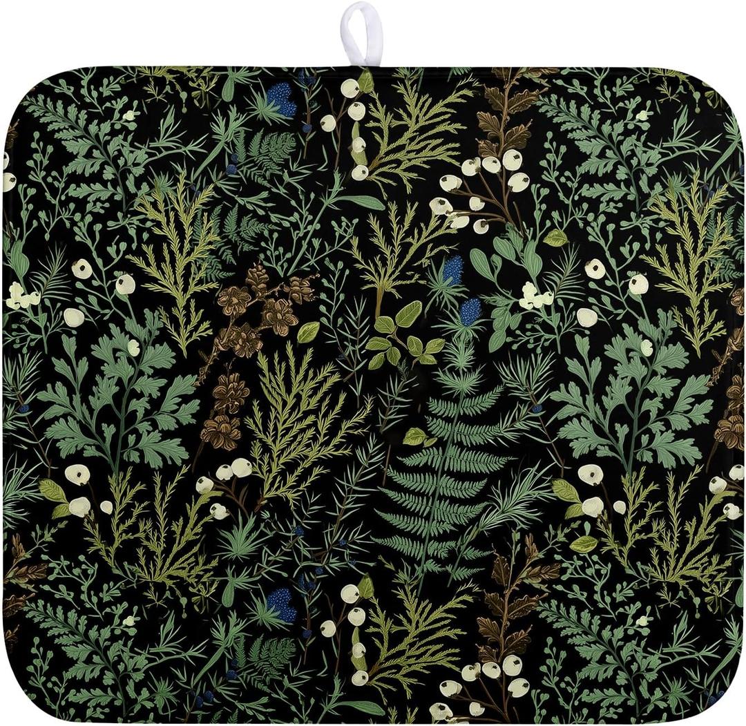 Dish Drying Mat for Kitchen Counter Vintage Green Plant Fern Leaves Floral Drying Mats Absorbent Microfiber Black Dish Drainer Pad Reusable Washable Dish Draining Mats Medium 16x18 Inch