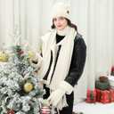 Womens Winter Hats Long Scarf Touch Screen Gloves Set Knit Warm Beanie Hat Scarves Gloves for Women Cold Weather Fleece Gifts (One Size, White)