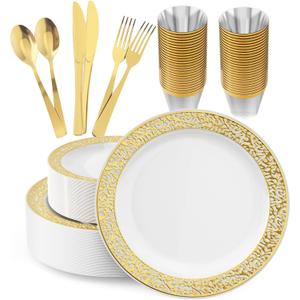 150 Count Gold Plastic Dinnerware Set, Elegant Disposable Include: 25 Gold Lace Plastic Plates, 25 Dessert Plates, 25 Forks, 25 Knives, 25 Spoons, 25 Cup, Ideal for Party, Birthday and Thanksgiving