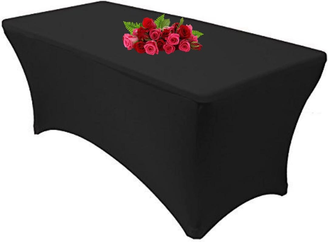 10FT Spandex Black Tablecloth for Rectangle Tables - Stretch Table Cover for Standard Folding Tables, Elastic Table Cover for Christmas
